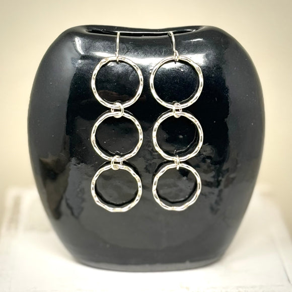 Triple Hoop Crimped Silver Earrings